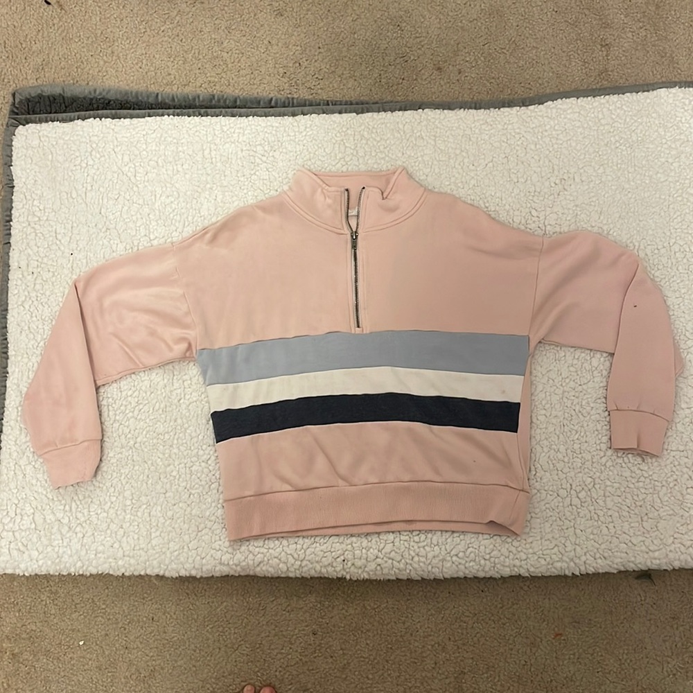 Pink quarter zip with blue and white strips
